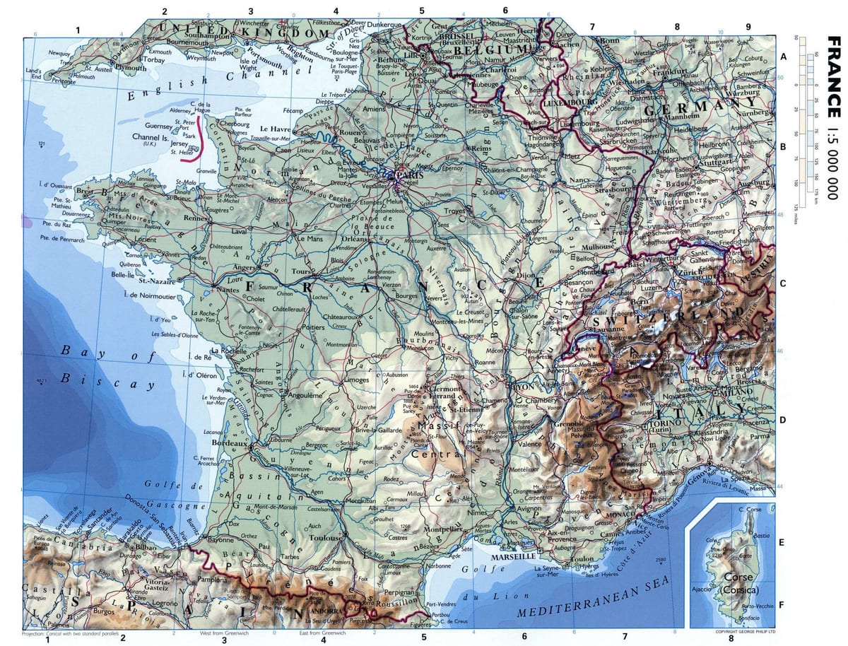 duża mapa Francji z miastami