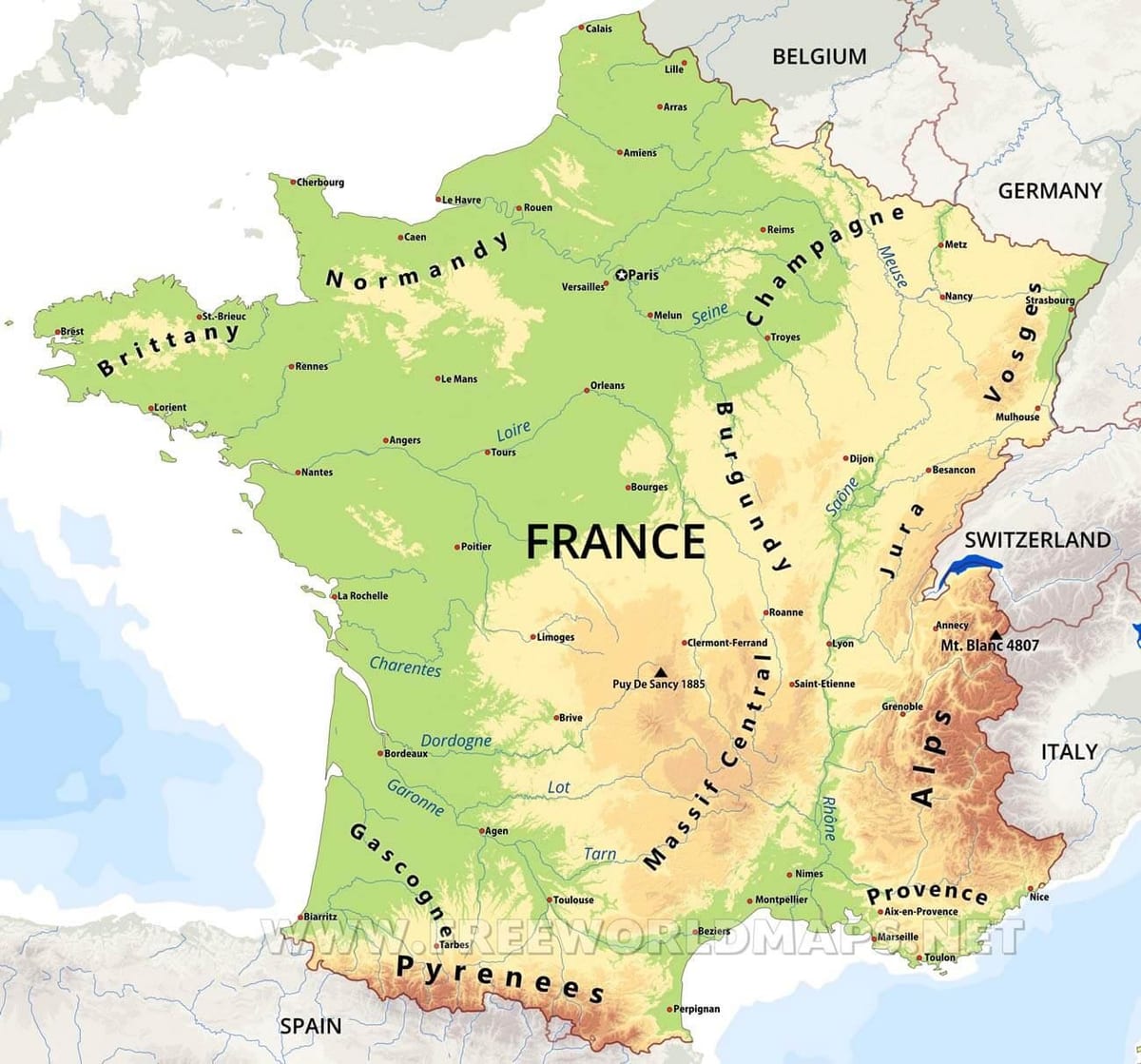 Francja cechy fizycznej mapie