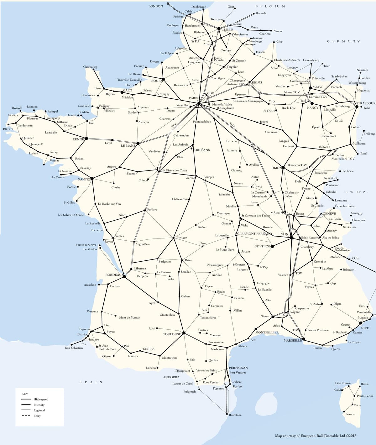 mapa linii kolejowych we Francji