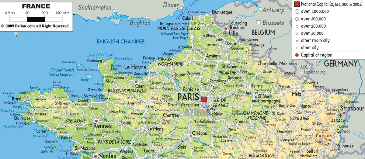 mapa północy Francji z miastami