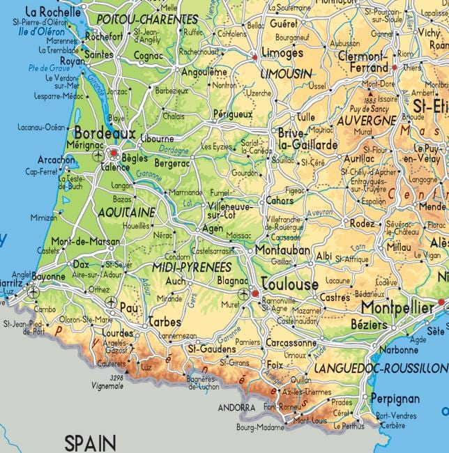 mapa południowo-zachodniej Francji