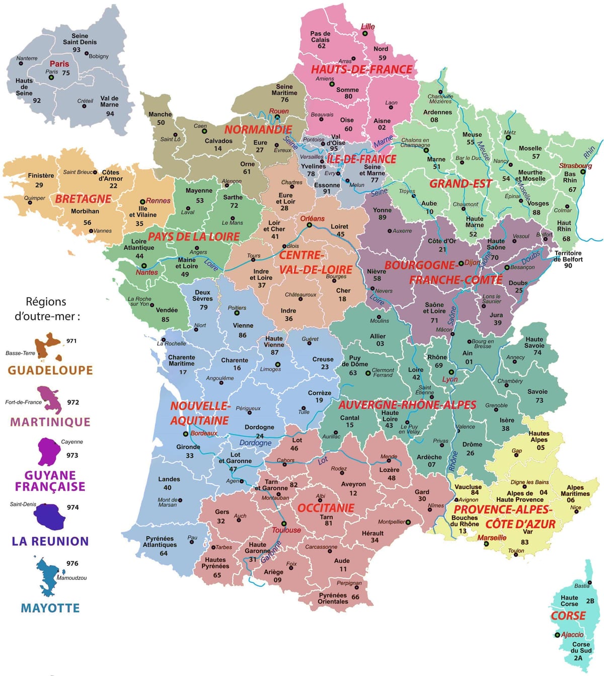 polityczna mapa Francji z miastami