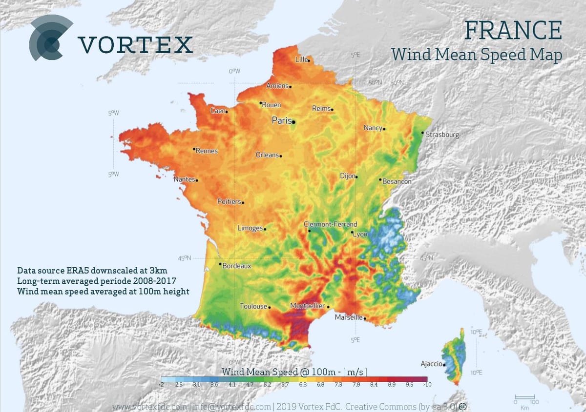 mapa Francji wiatru
