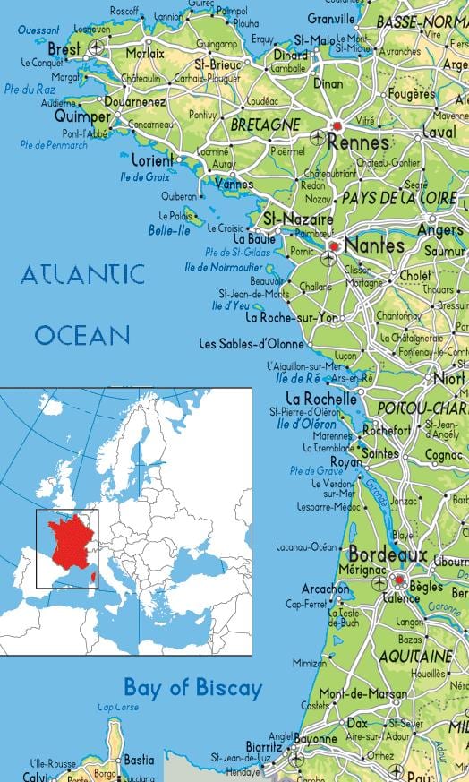 mapa Francji na zachodnim wybrzeżu